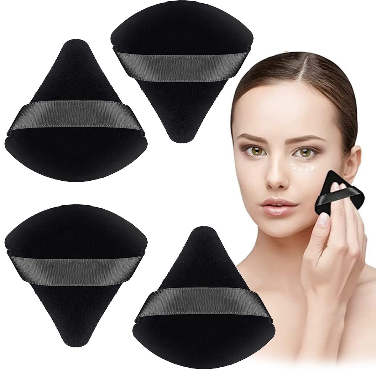 MAYCREATE Triangle Powder Puff for Face Makeup with Round and Pointed Edges 4pcs Black | Wet and Dry Use