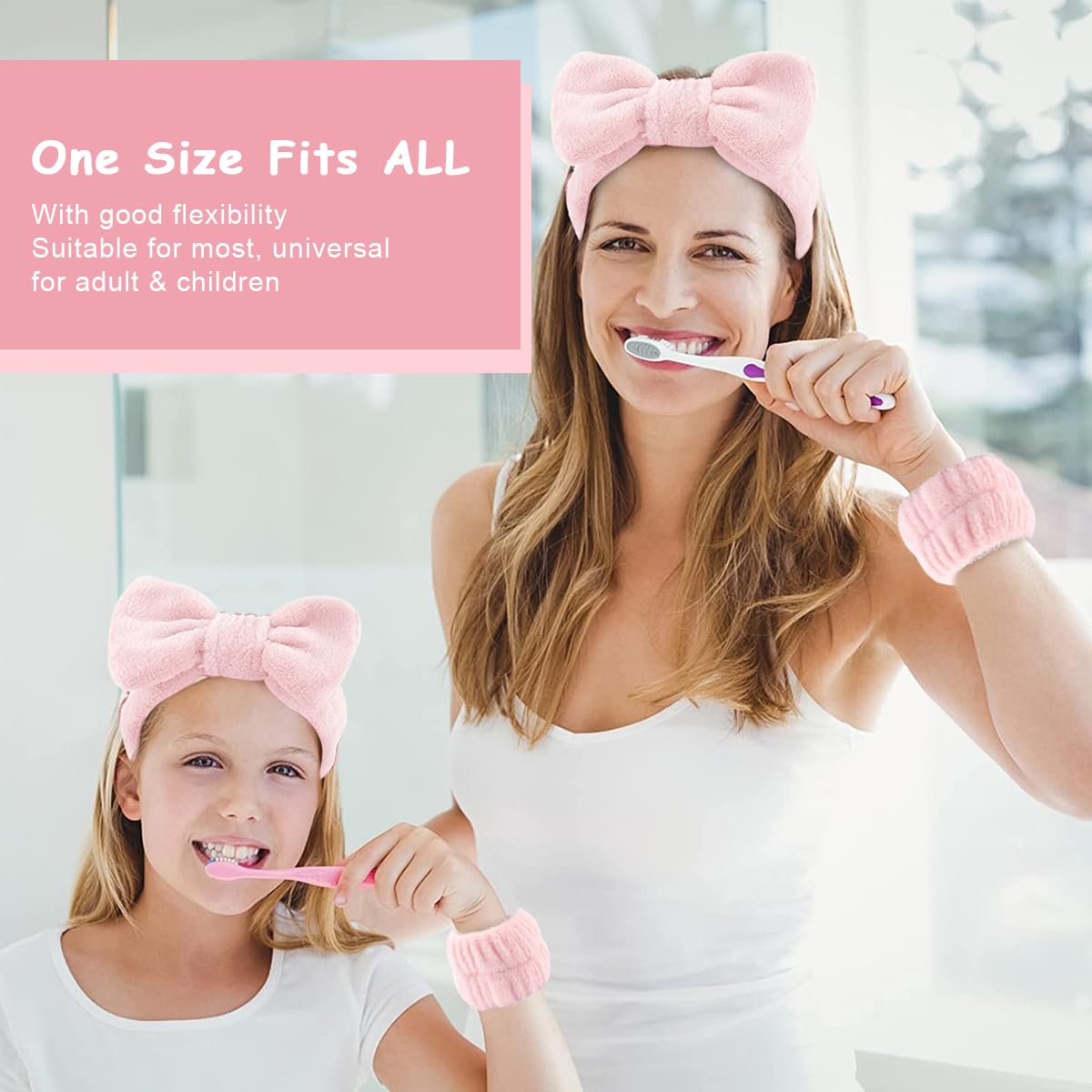MAYCREATE Face Wash Headband & Wristband Set, Soft Stretchy Bowknot Headband for Women Girls, Flannel Super Absorbent Sweat Wrist Towel Band for Washing Face, Makeup, Yoga, Fitness (Pink)