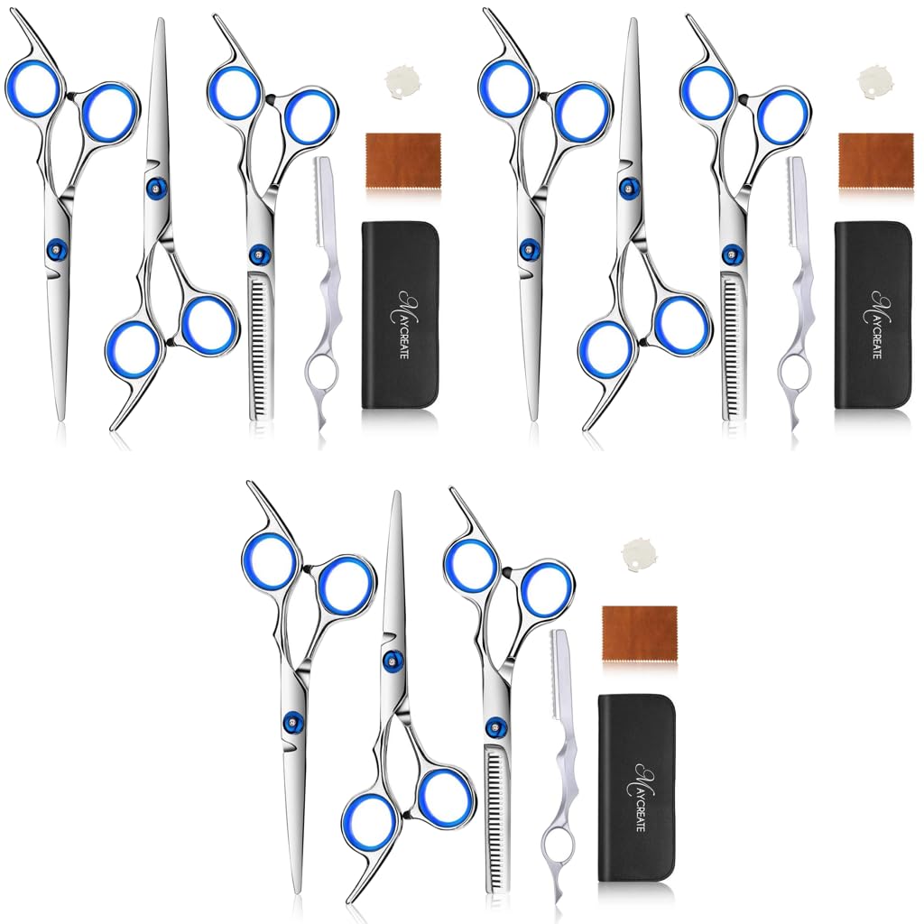 MAYCREATE Hair Cutting Scissors Kit with Adjustable Screw and 3 PCS Stainless Steel Set for Home Use