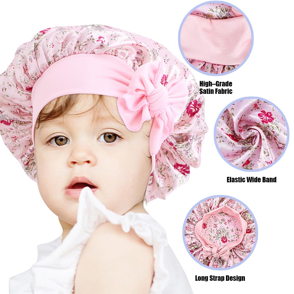MAYCREATE 2pcs Kids Silk Bonnet for Hair, Baby Cap Floral Print Satin Hair Bonnet, Elastic Band Soft Silk Hair Cap for Sleeping, Night Hat Shower Cap for Toddlers Child Baby 2-8 Years Old Gift