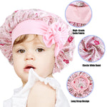 MAYCREATE 2pcs Kids Silk Bonnet for Hair, Baby Cap Floral Print Satin Hair Bonnet, Elastic Band Soft Silk Hair Cap for Sleeping, Night Hat Shower Cap for Toddlers Child Baby 2-8 Years Old Gift