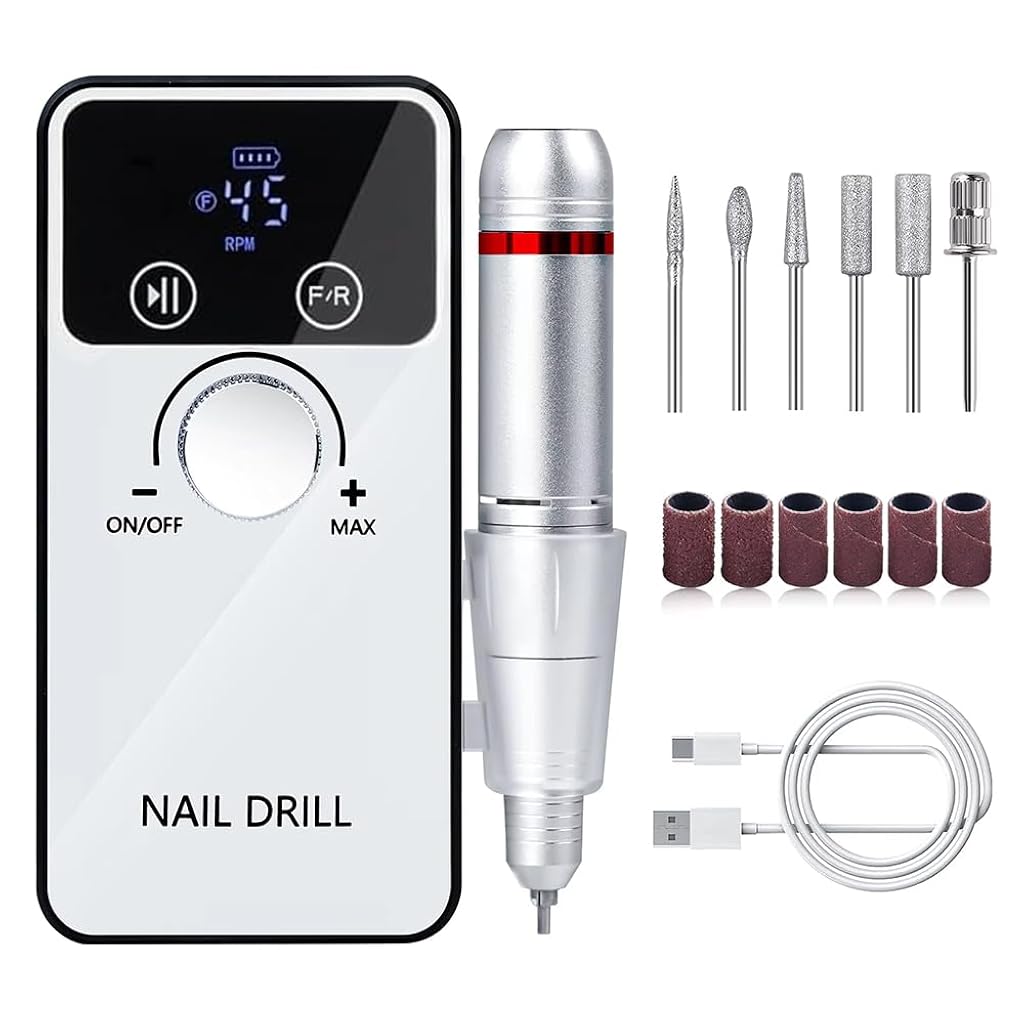 MAYCREATE® Cordless Nail File with 6 Drill Bits & Sanding Bands 45000RPM Electric Nail Drill with LCD Display Adjustable Multipurpose USB Nail Drill for Acrylic & Gel Nail Polishing, DIY Nail Art