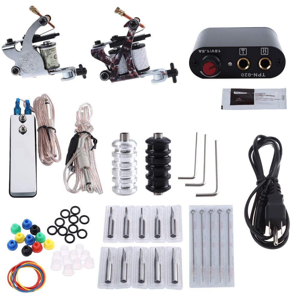 MAYCREATE Tattoo Machine Set for Beginner 2 Machine Gun Pigment Tips Power Supply Set 5 Needle(Silver and Black)