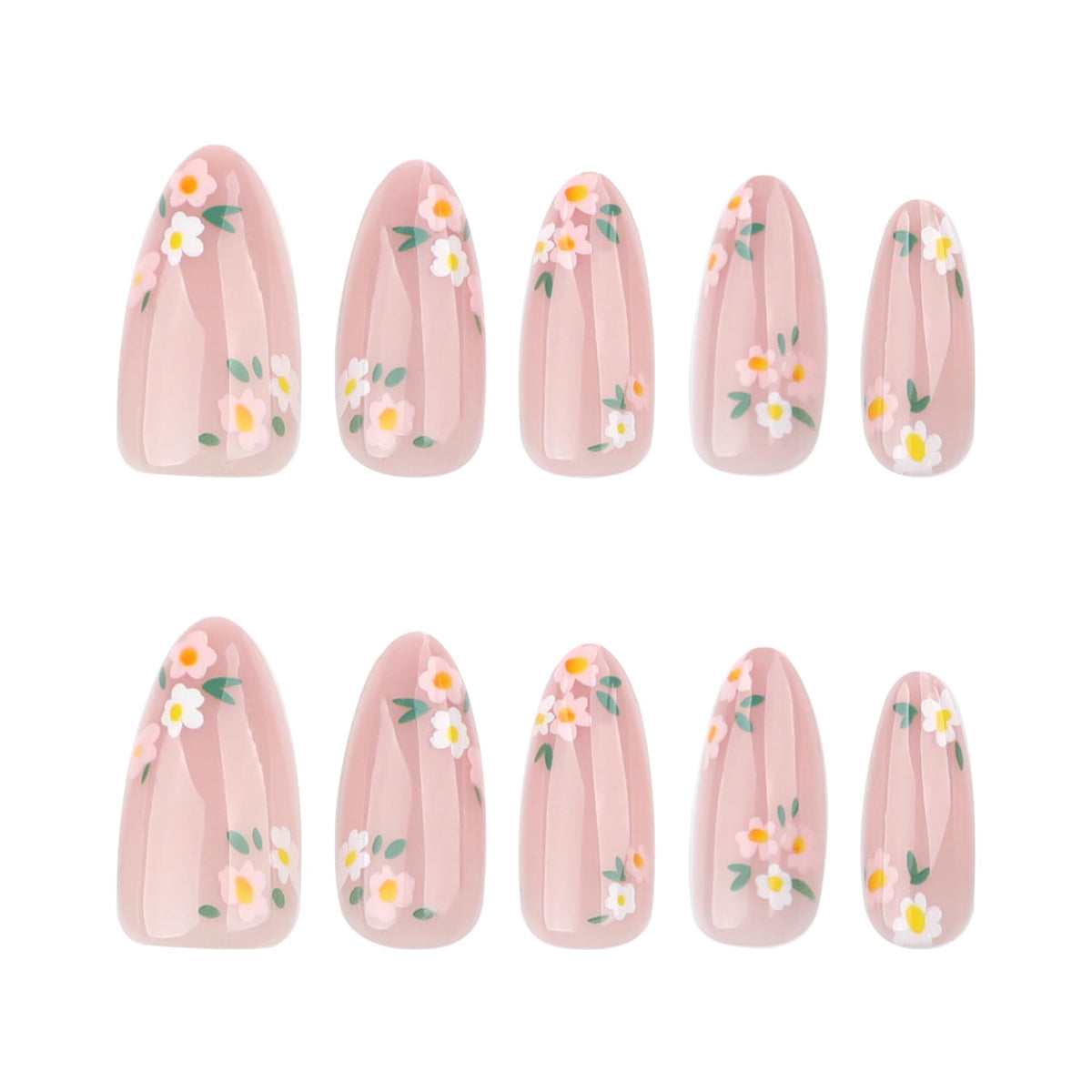 MAYCREATE® 24Pcs Floral Press On Nail Set, 12 Sizes Almond Press Nails False Nails with Adhesive Tabs, Sweetly Stylish Pink Flower Charm Embellished Press On Nail Full Coverage Nails