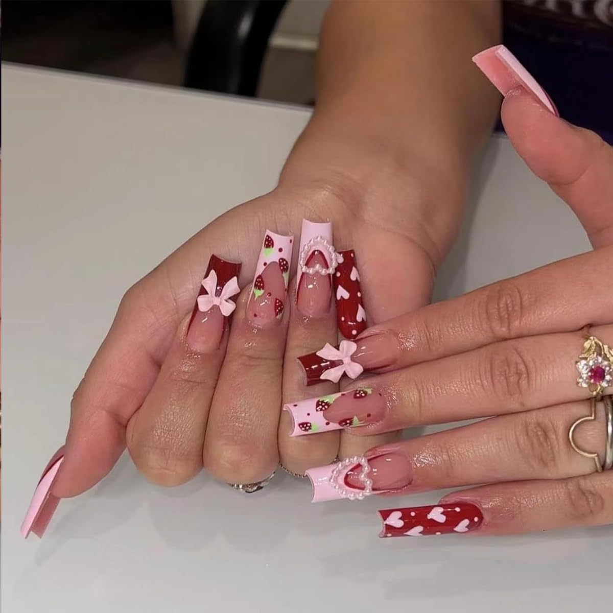 MAYCREATE Bow Nail Charms for DIY Nail Art with 6 Styles and Flatback Pearls | Pink Decoration