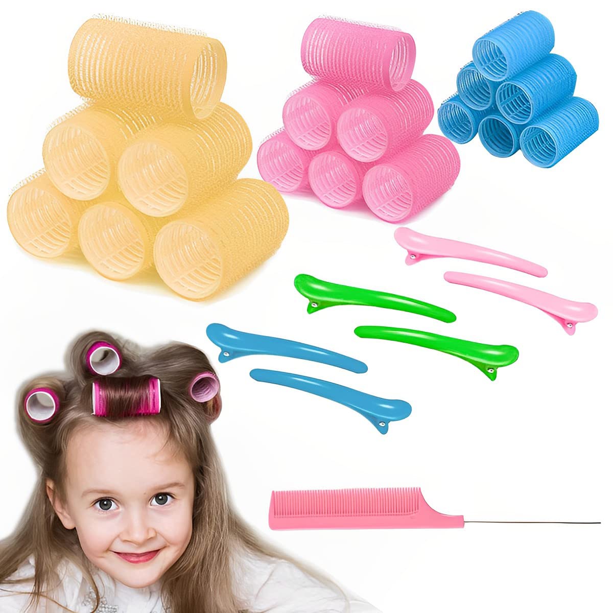 MAYCREATE Heatless Hair Curler Roller Kit with 18 Self Grip Rollers and 6 Bang Clips | Nylon Fiber Curlers for Home or Travel Styling