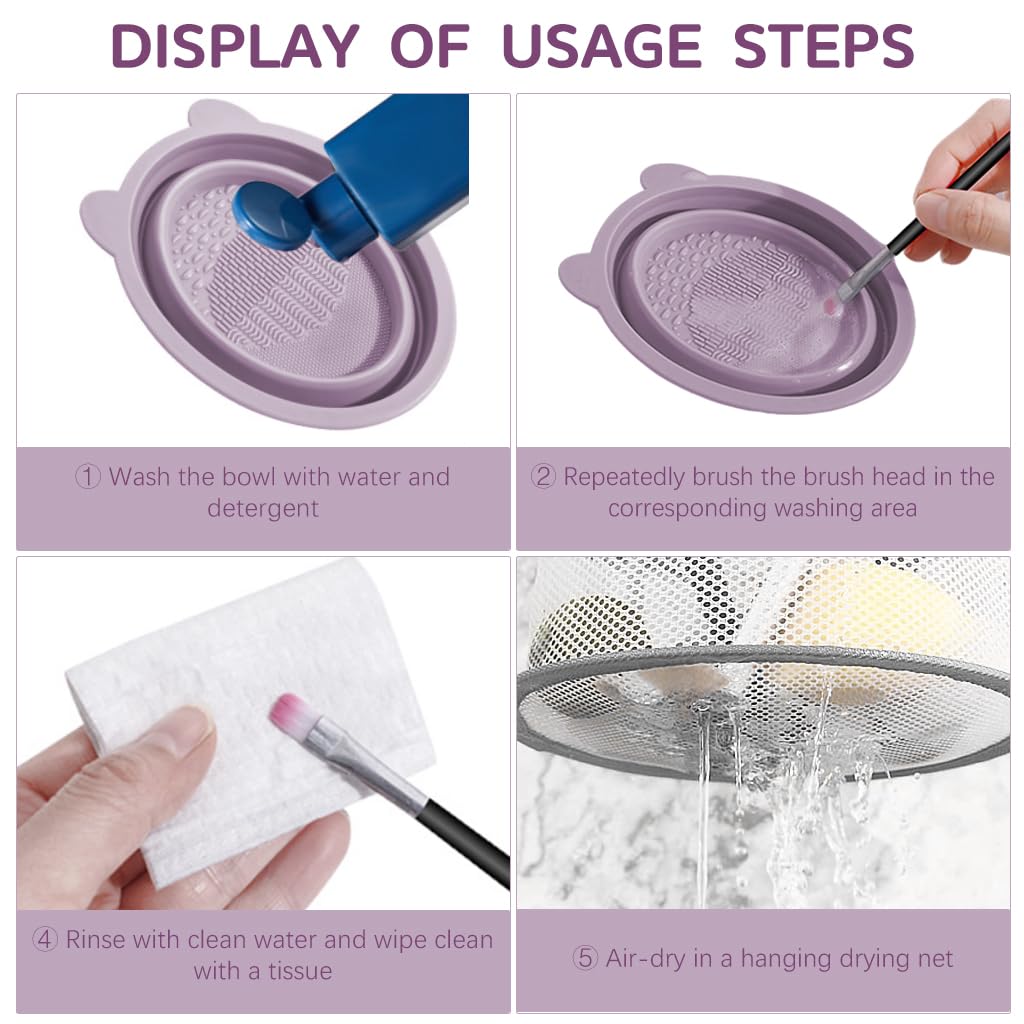 MAYCREATE Makeup Brush Cleaner Mat for Brushes and Sponges with Textured Patterns | Foldable Silicone Cleaning Bowl and Hanging Drying Net