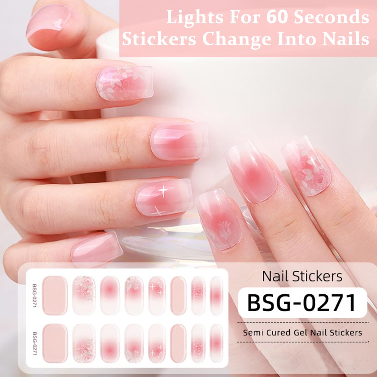 MAYCREATE 16PCS Gel Nail Strips, French Gel Nail Stickers, UV Free, Long Lasting Nail Wraps for Women, French Tip Nail Polsih Stickers, Includes Nail File & Wooden Stick, Style B