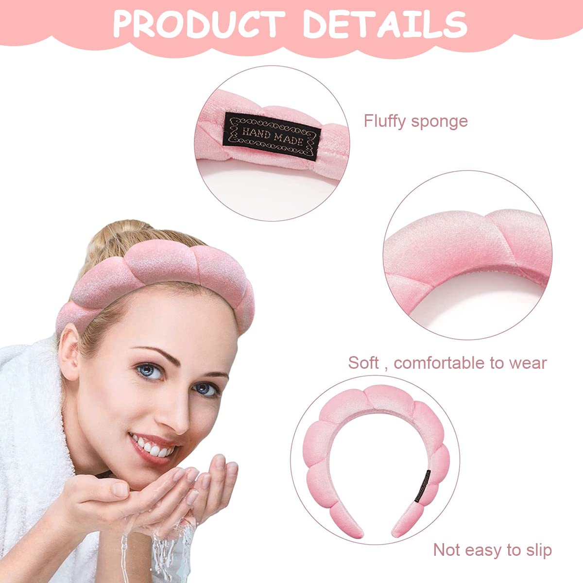 MAYCREATE Spa Headband for Makeup and Face Washing featuring Soft Sponge Clouds Design | 2PCS Pink Set