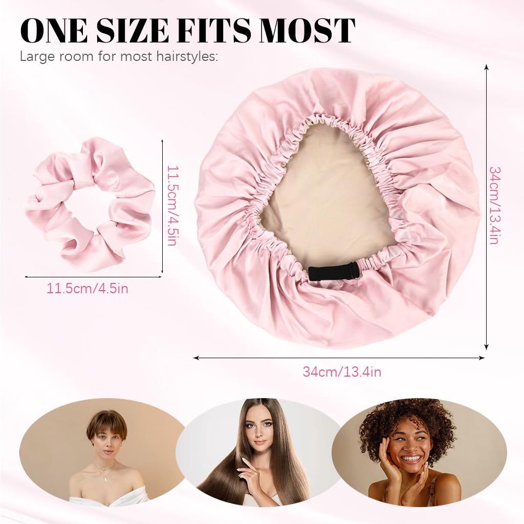 MAYCREATE Silk Bonnet for Sleeping with Adjustable Stretch Headband and 1 Scrunchie | Double‑Sided Satin Cap for Women Hair Protection