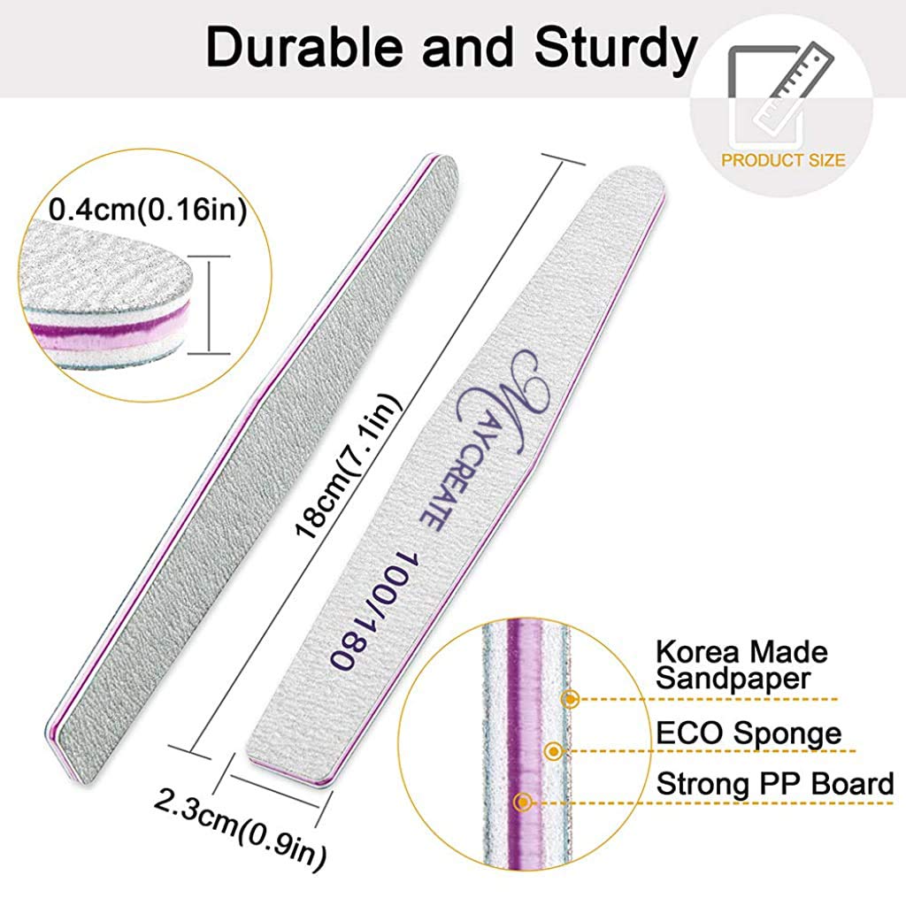MAYCREATE 10PCS Nail Files, Professional Nail Filer and Buffer, Curved Fingernail Files, 100/180 Grit with 240 Grit for Smooth Finishing, Sponge and PP Board for Home and Salon Use (Pink)