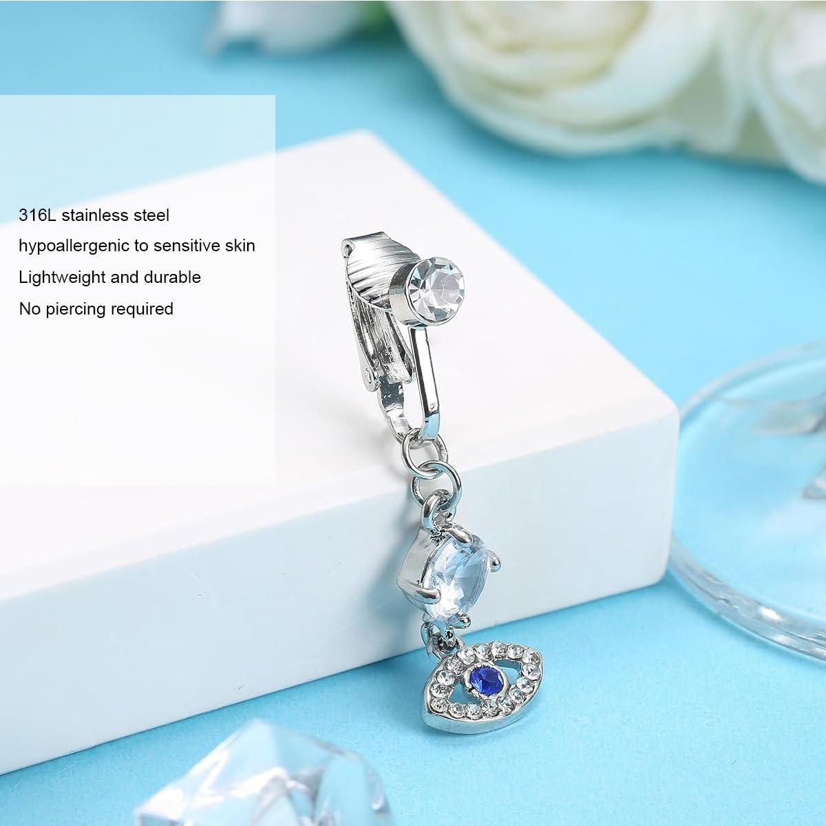 MAYCREATE Fake Belly Piercing Jewelry Evil Eye Belly Button Rings 316L Stainless Steel Non-Piercing Rhinestone Belly Rings Navel Rings for Women Girls