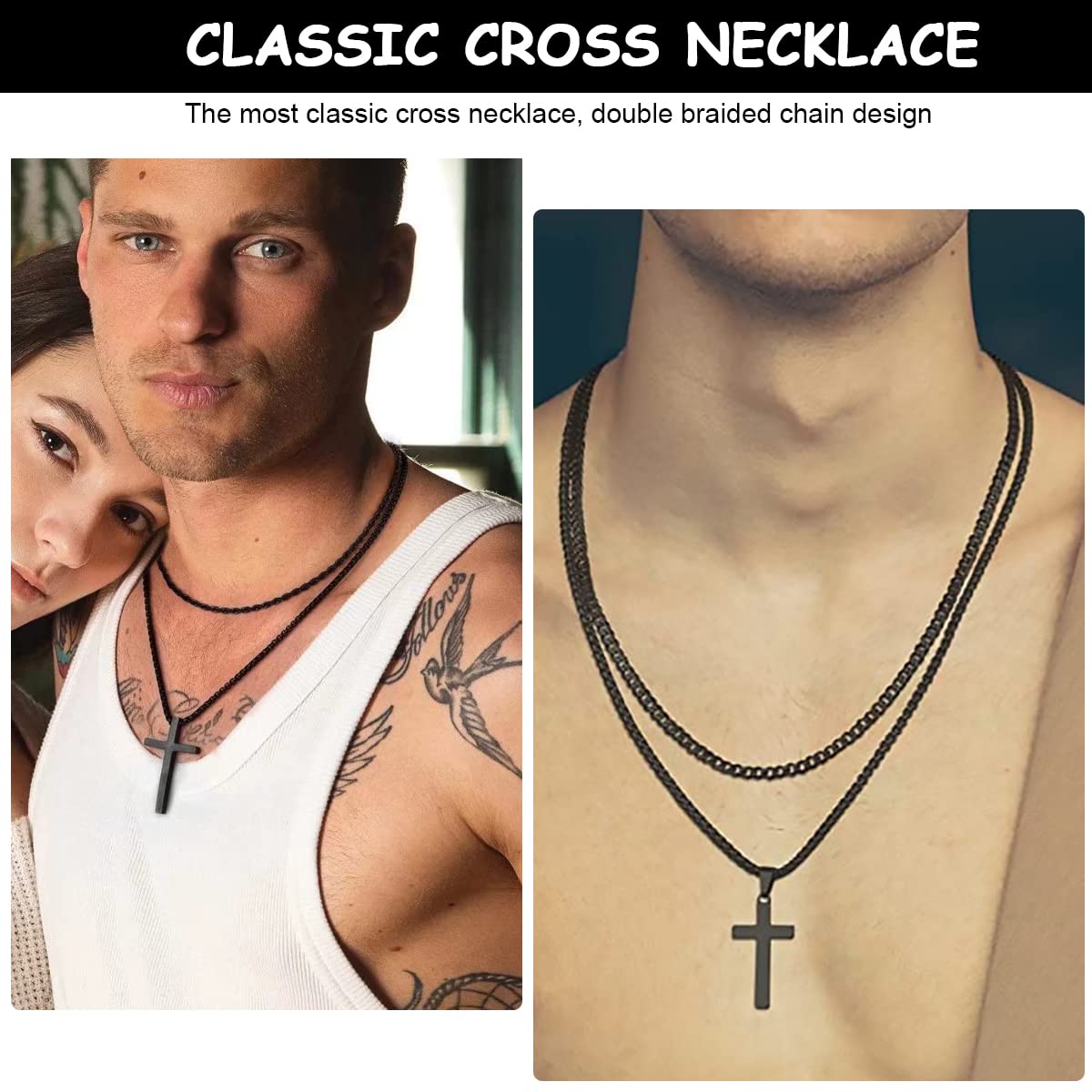 MAYCREATE Black 2 Pcs Double Layered Electroplated Titanium Classic Cross Pendant Steel Chain Necklace Set with Flannel Bag for Men & Women