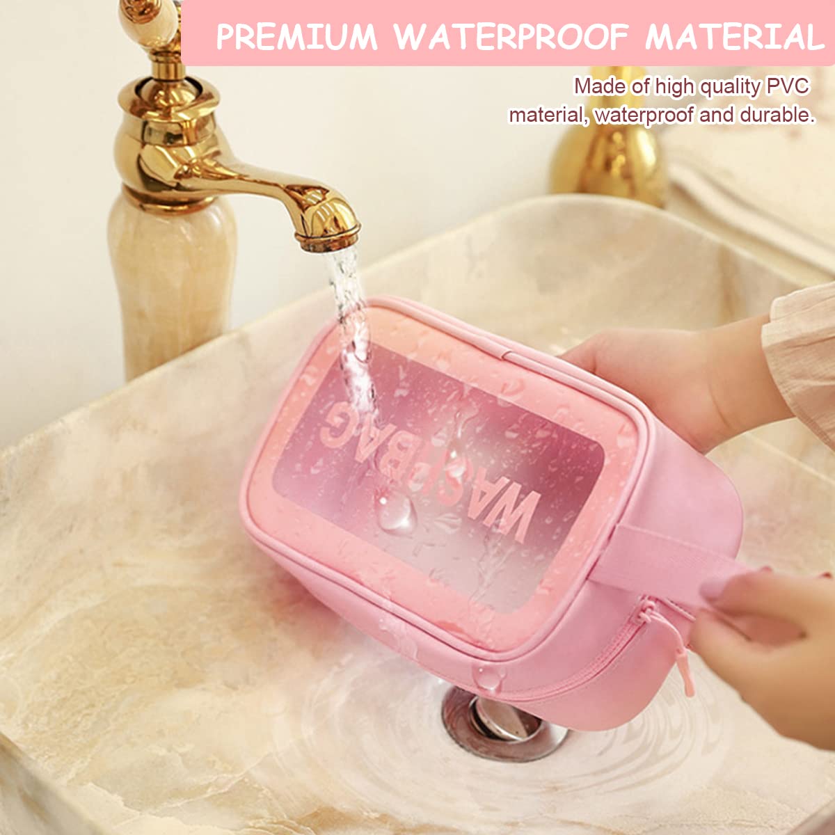MAYCREATE 3 Pcs Clear Makeup Pouch Set Cosmetic Organizer Bag for Women and Girls Travel Waterproof Toiletry Storage Kit for Home Travel Use (Pink)