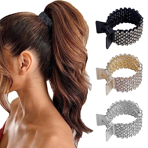 MAYCREATE 3pcs Hair Claw Clips for High Ponytail, Small Metal Rhinestone Hair Clips, Ponytail Holder for Thick Long Hair, Stylish Hair Accessories for Women Girls