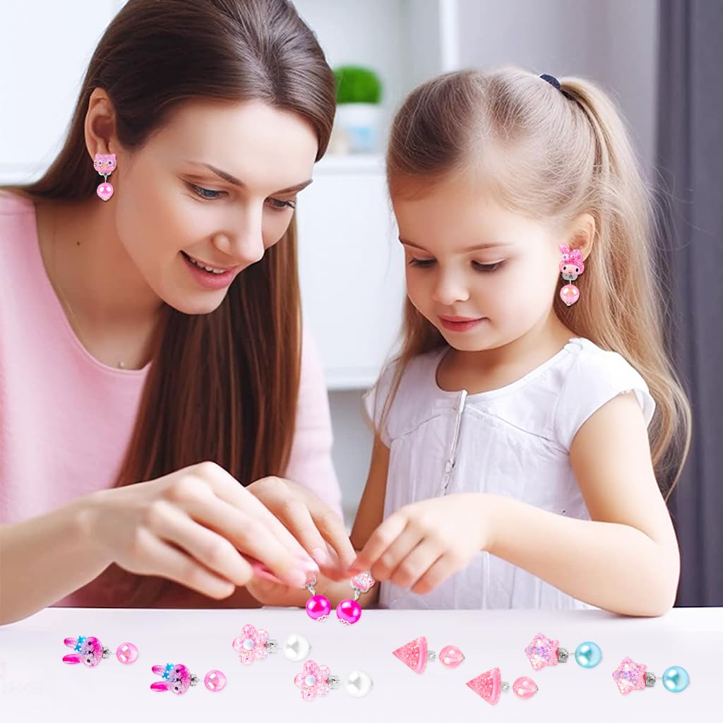 MAYCREATE 7 Pairs Kawaii Girls Earrings Non-piercing Pink Cartoon Kitty Earrings Charming Resin Clip On Earrings for Girls Kawaii Fashion Girls Clip On Earrings Jewelry Gift for Girls