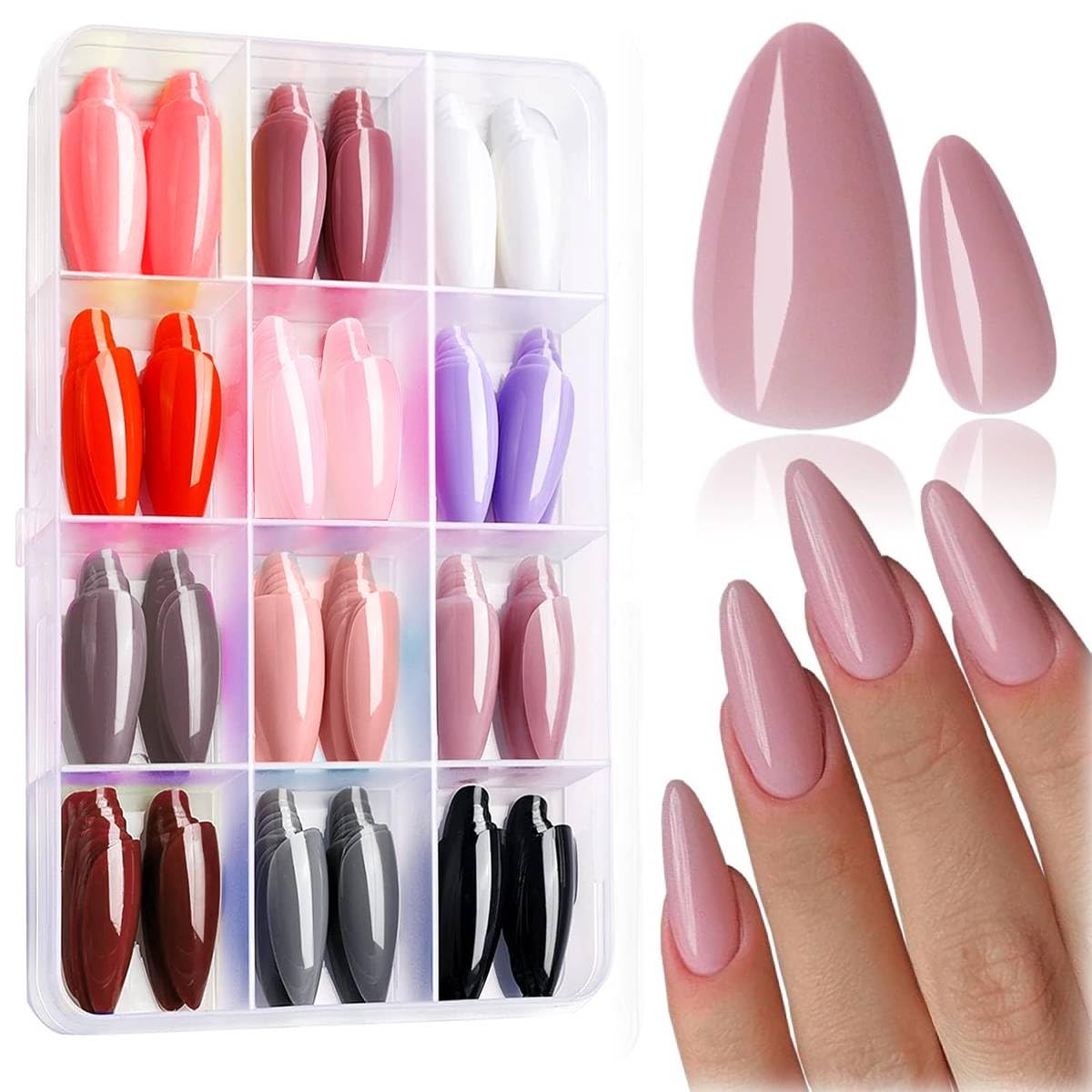 MAYCREATE 12 Colors Press on Nails Almond, Press on Nails Glossy Stiletto Oval Colored Fake Nail Tips Full Cover Artificial Fingernails (Not include Glue)
