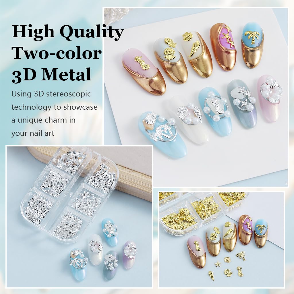 MAYCREATE Beach Nail Art Charms for DIY Manicure with 3D Metal Ocean Designs | Dual Tone Boho Style