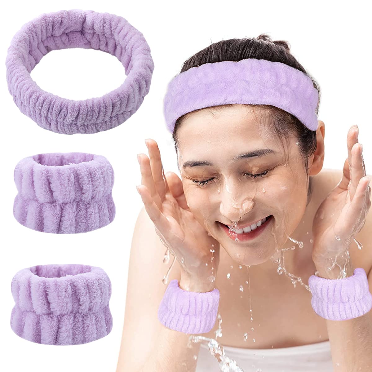 MAYCREATE 3Pcs Facial Spa Headband Wristband Combo Set, Elastic Microfiber Face Wash Hairband Wrist Wash Bands for Face Washing, Makeup, Yoga, Fitness (Purple)