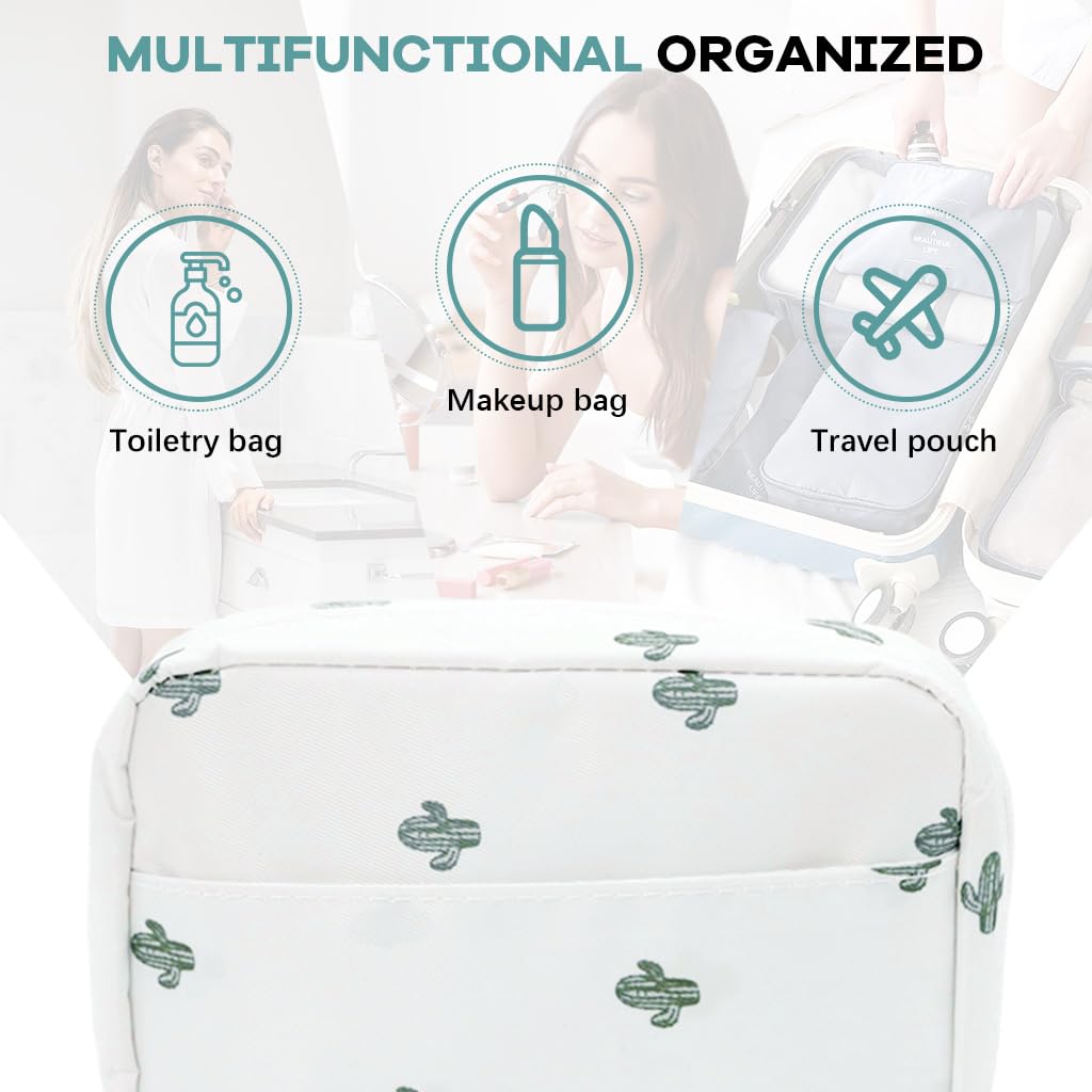 MAYCREATE Makeup Pouch Bag for Travel with Lipstick Slots 17x11.5x5cm Waterproof Polyester | Cactus Print Toiletry Organizer for Women