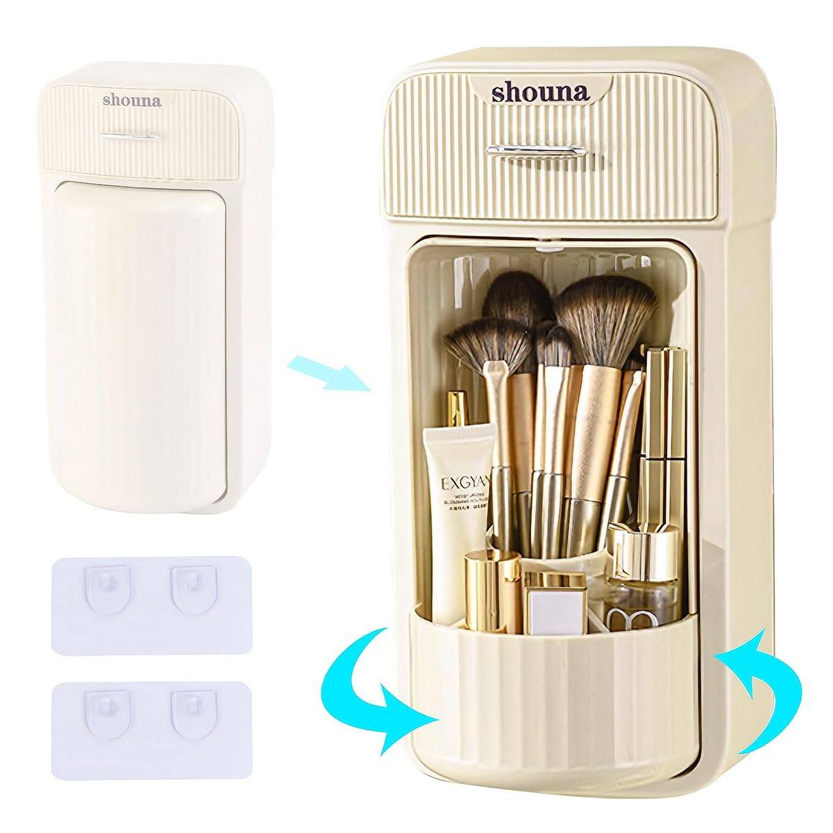 MAYCREATE Makeup Brush Holder with Drawer, Wall Mounted Makeup Brush Organizer, 360° Rotating Large Capacity Cosmetics Organizer Box for Countertop Vanity and Bathroom - Waterproof & Dustproof