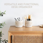MAYCREATE Macrame Makeup Brush Holder Organizer Boho Desk Mini Storage Basket Table Cotton Rope Tassels Pen Holder for School Office Stationeries Storage Container - Ivory