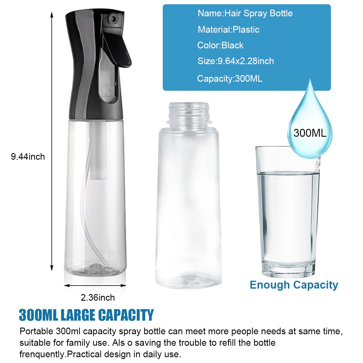 MAYCREATE 300ml Refillable Spray Bottles, Empty Plastic Mist Water Spray Bottle for Hair, Portable Skin Moisturizing Spray Bottle for Alcohol, Cleanser Dispenser(Black)