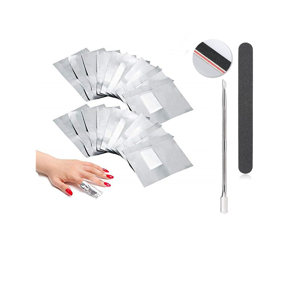 MAYCREATE 200Pcs Nail Polish Remover Foil Wraps with Pre-soaked Acetone-based Cotton Pads Gel Nail Polish Remover Wraps Finger Nail Polish Removal Tool with Cuticle Pusher & Nail Filer