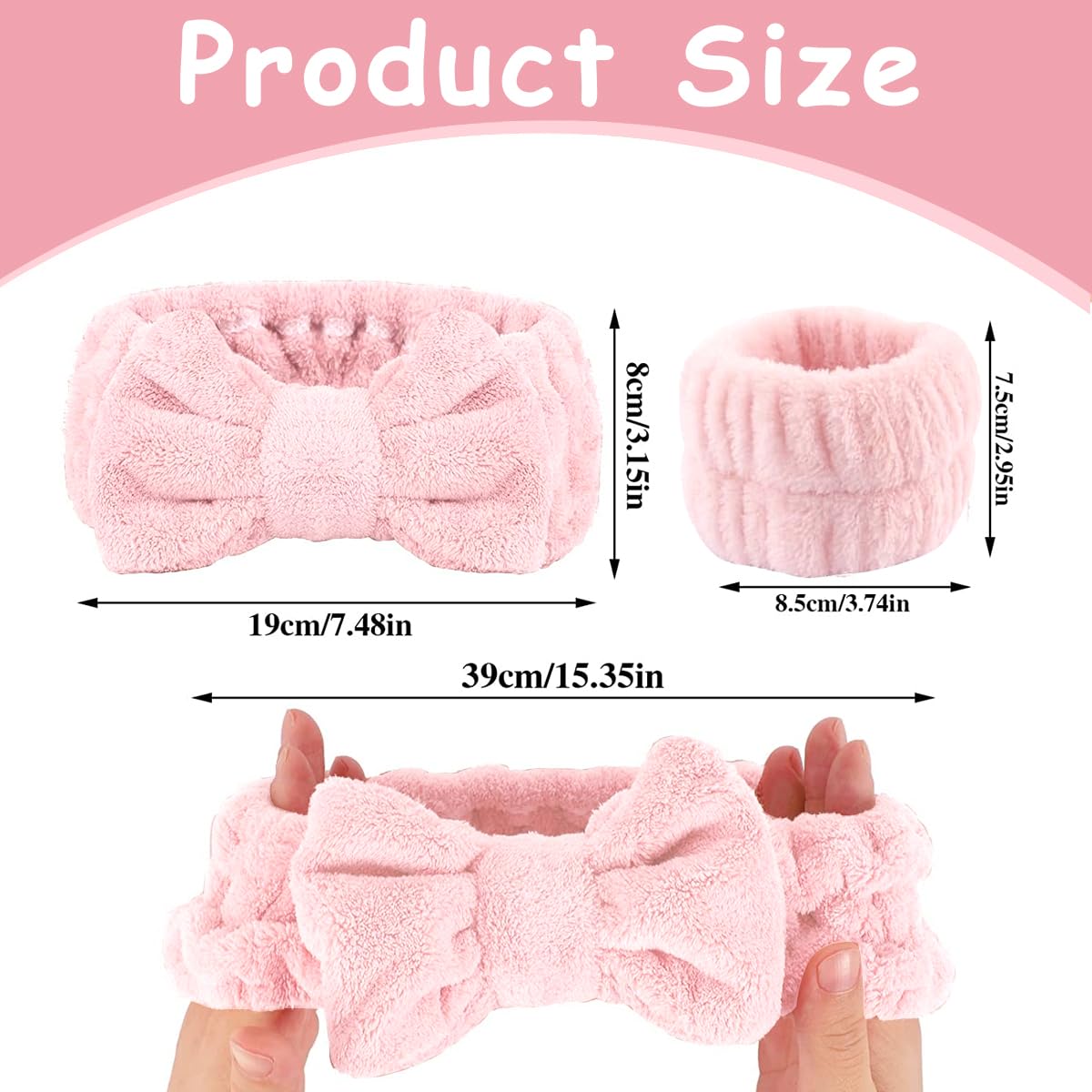 MAYCREATE Face Wash Headband & Wristband Set for Spa and Makeup with Soft Flannel Bow | Pink