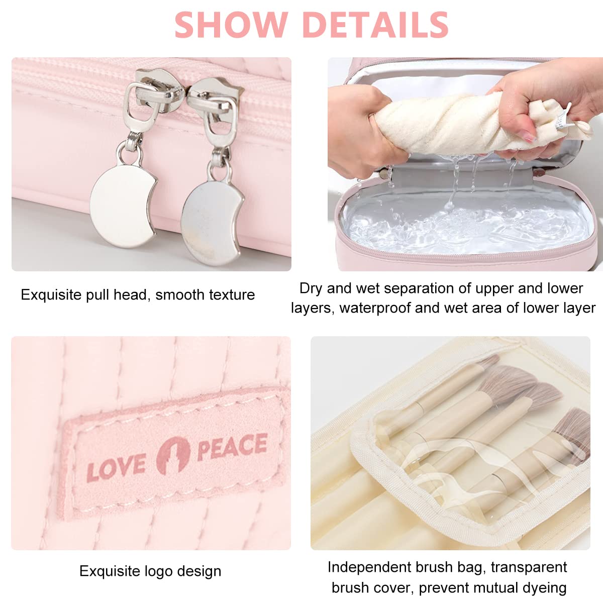 MAYCREATE Large Capacity Cosmetic Travel Bag, Cute Cosmetic Organizer Bag, Makeup Pouch for Women, Portable Dry Wet Separation wash Bag, Pink