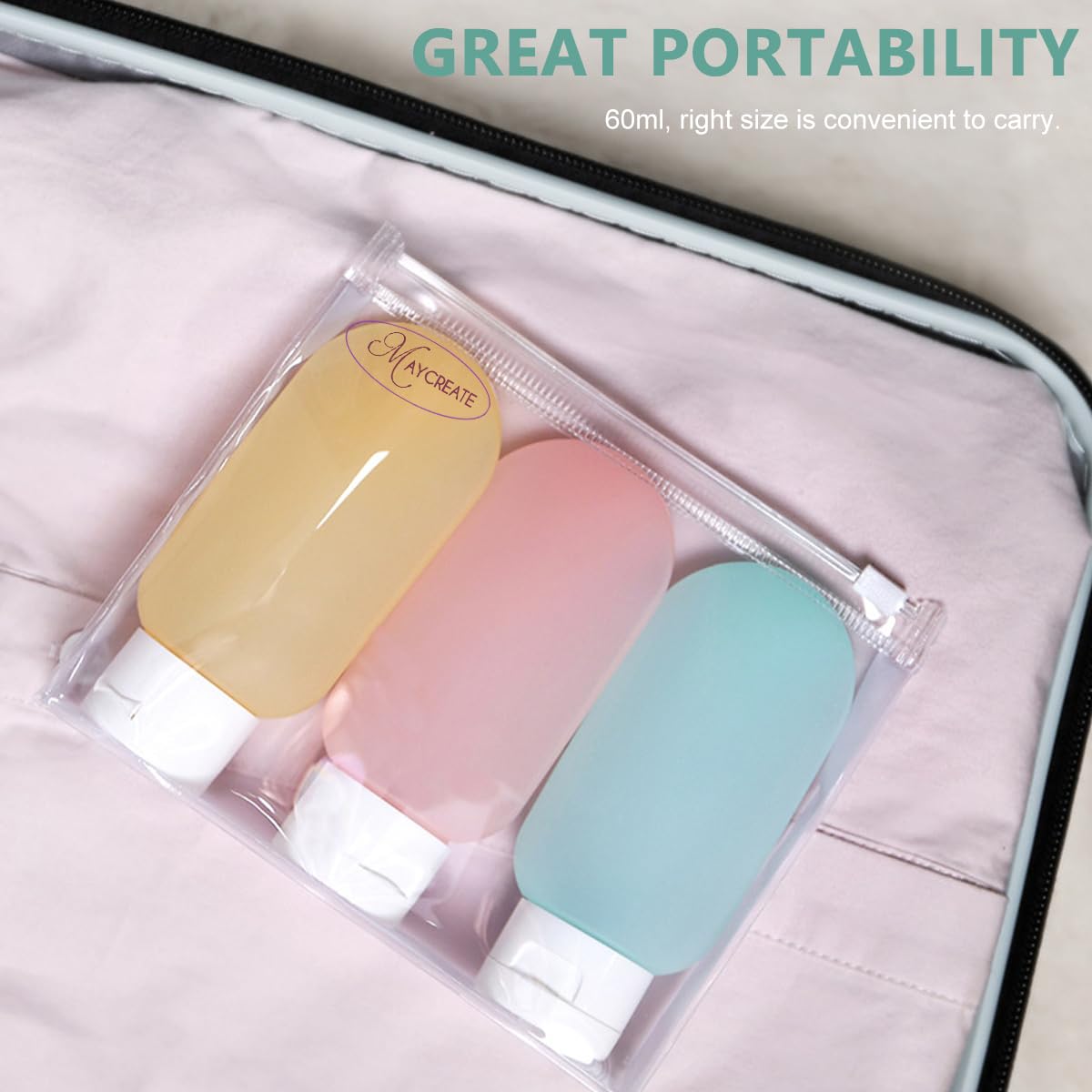 MAYCREATE Travel Toiletries Bottles for TSA Trips with Leakproof Squeeze Caps 6 Pack 60ml | Plastic Refillable Containers