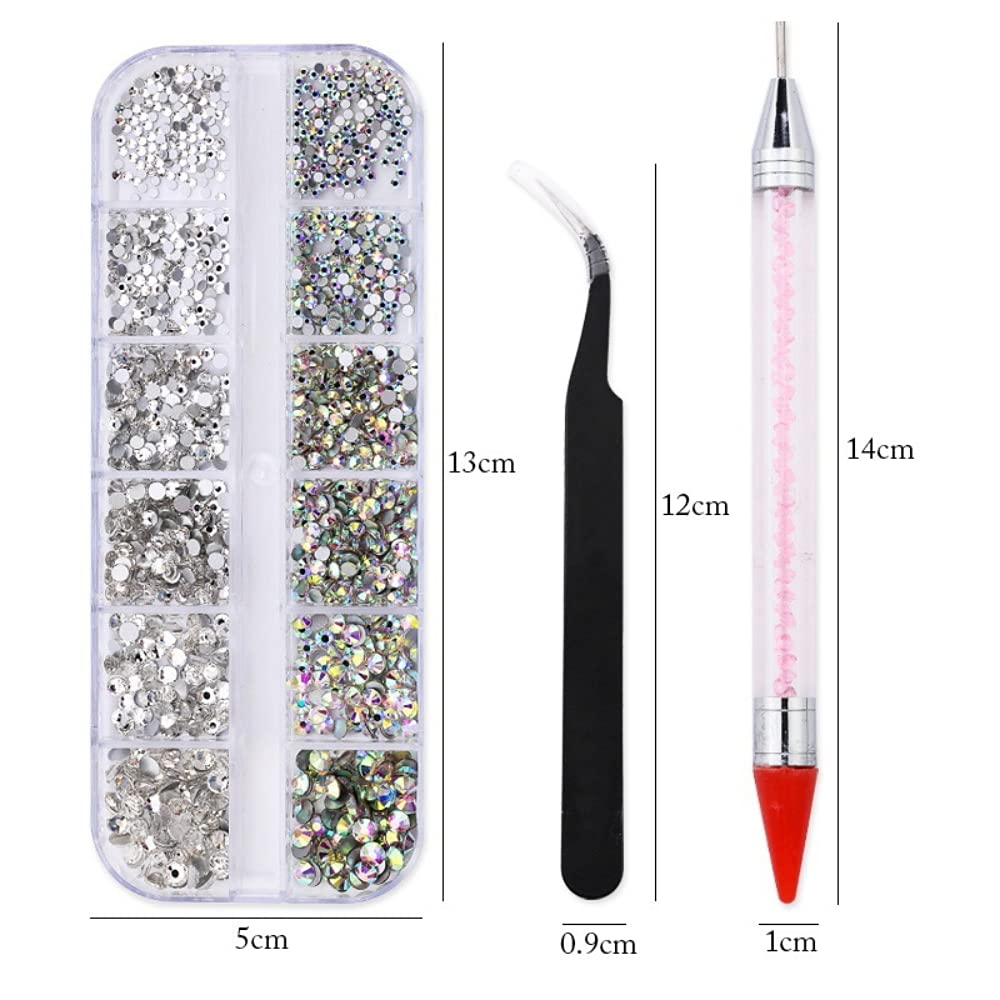 MAYCREATE Nail Art Kit Flat Back AB Crystal Rhinestones and Clear Crystal Rhinestones with Pick Up Tweezer and Rhinestone Picker Dotting Pen(1500 PCS, 6 Sizes)