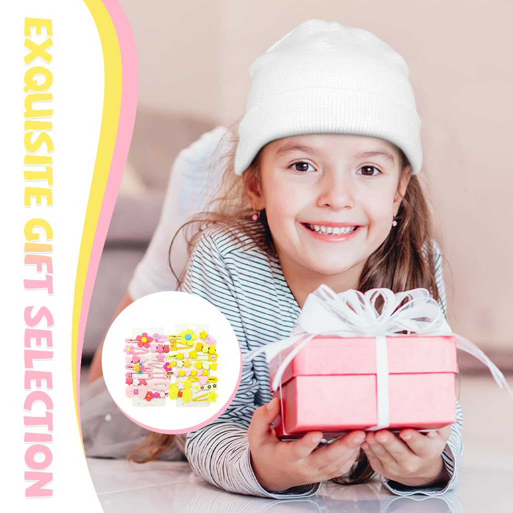 MAYCREATE Hair Clips for Girls 28Pcs Set with Unique Cartoon Designs in Pink and Yellow | Cute Gift Accessory for Kids