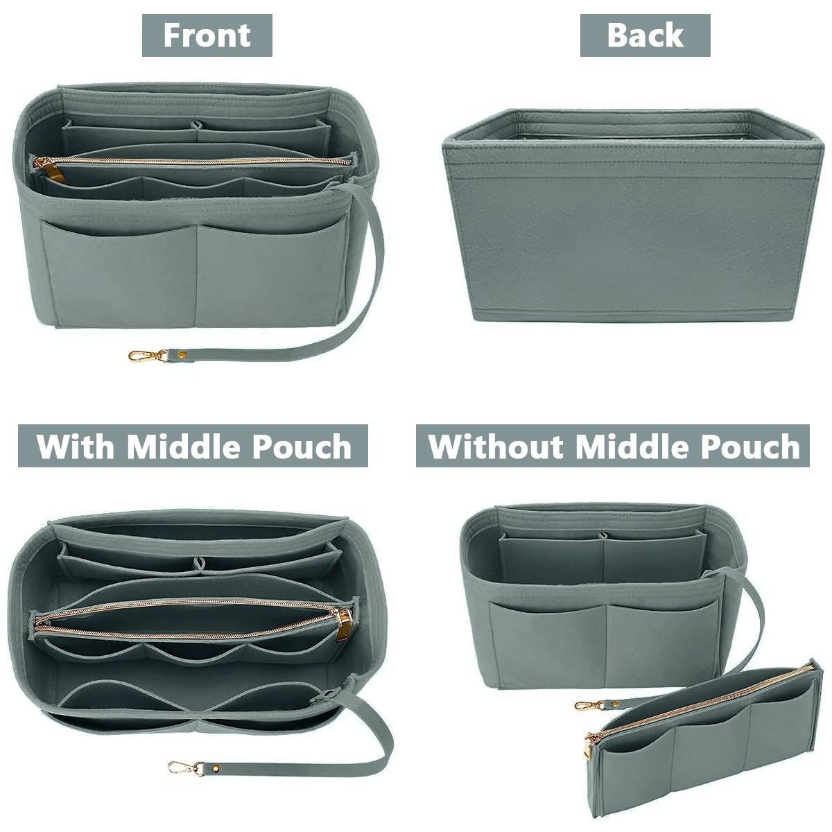 MAYCREATE Women Felt Purse Organizer Insert for Handbag, Felt Bag organizer with zipper for Handbag Tote Bag Storage Purse Divider, Grey