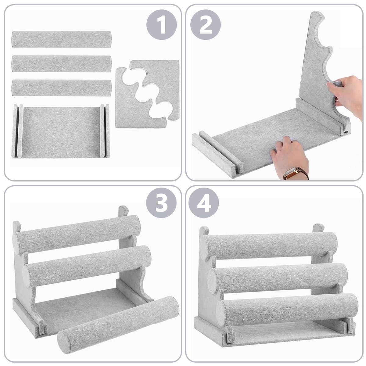 MAYCREATE Bracelet Holder Organizer 3-Tier Jewelry Display Stand for Watch Bangle Bracelet - Detachable Velvet Desk Bracelets Storage Showcase Rack, Grey