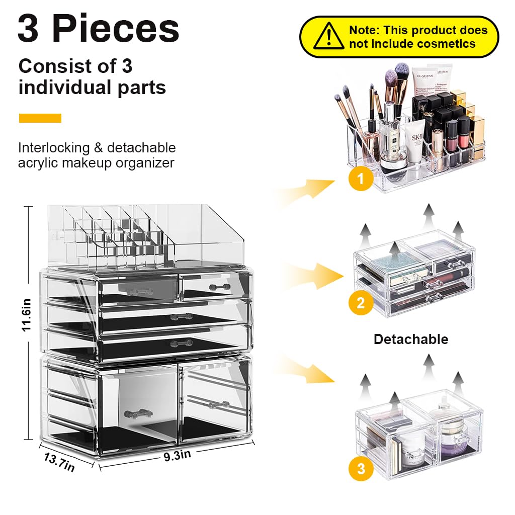 MAYCREATE Dressing Table Organizer Desk Organizer Set of 3Pcs Stackable Makeup Organizer Stylish Transparent Acrylic Desk Organizer for Makeups Tools, Lipsticks, Scrapbooking, Stationeries