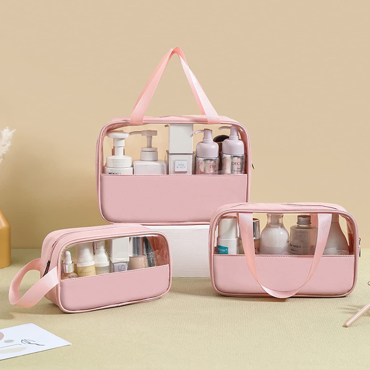 MAYCREATE 3 Pcs Clear Makeup Pouch Set Cosmetic Organizer Bag for Women and Girls Travel Waterproof Toiletry Storage Kit for Home Travel Use (Rose Pink)