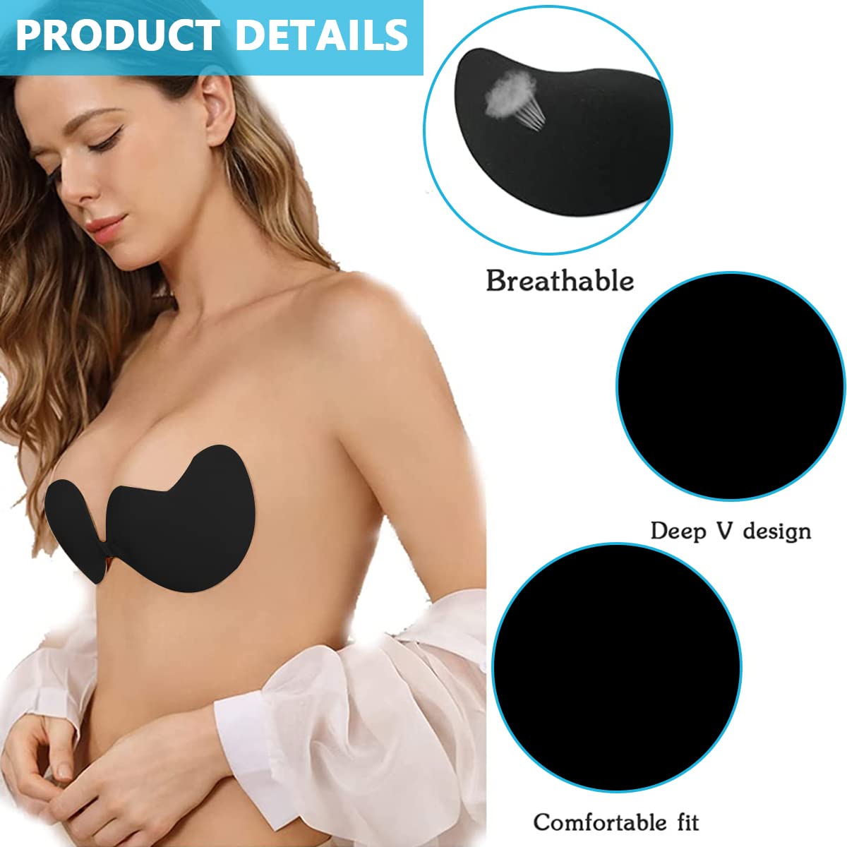 MAYCREATE 1 Pair Silicone Wire Free Stick-On Bra Padded, Adhesive Bra Strapless Silicone Invisible Push Up Reusable Self Sticky Bra for Backless Dress Stick on Bra, Black, C