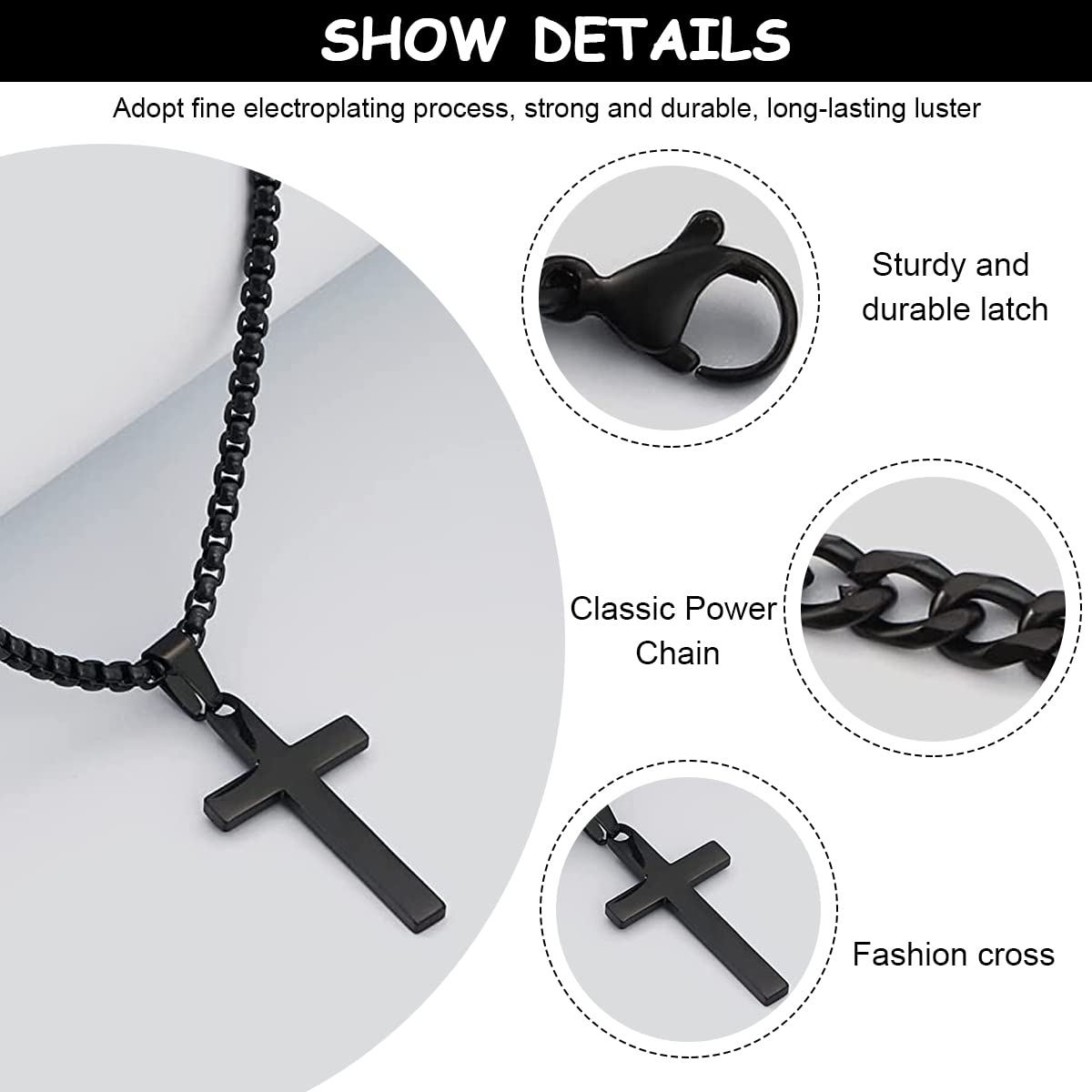 MAYCREATE Black 2 Pcs Double Layered Electroplated Titanium Classic Cross Pendant Steel Chain Necklace Set with Flannel Bag for Men & Women