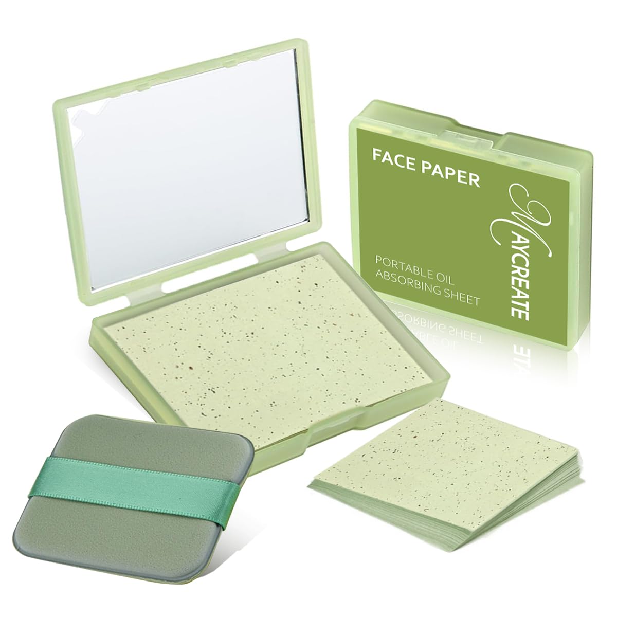 MAYCREATE 100Pcs Face Blotting Paper for Oily Skin, Oil Blotting Sheets for Face, Natural Linen Oil Paper for Face, Blotting Paper for Makeup, Built-in Mirror & Powder Puff for Women Men (Green Tea)
