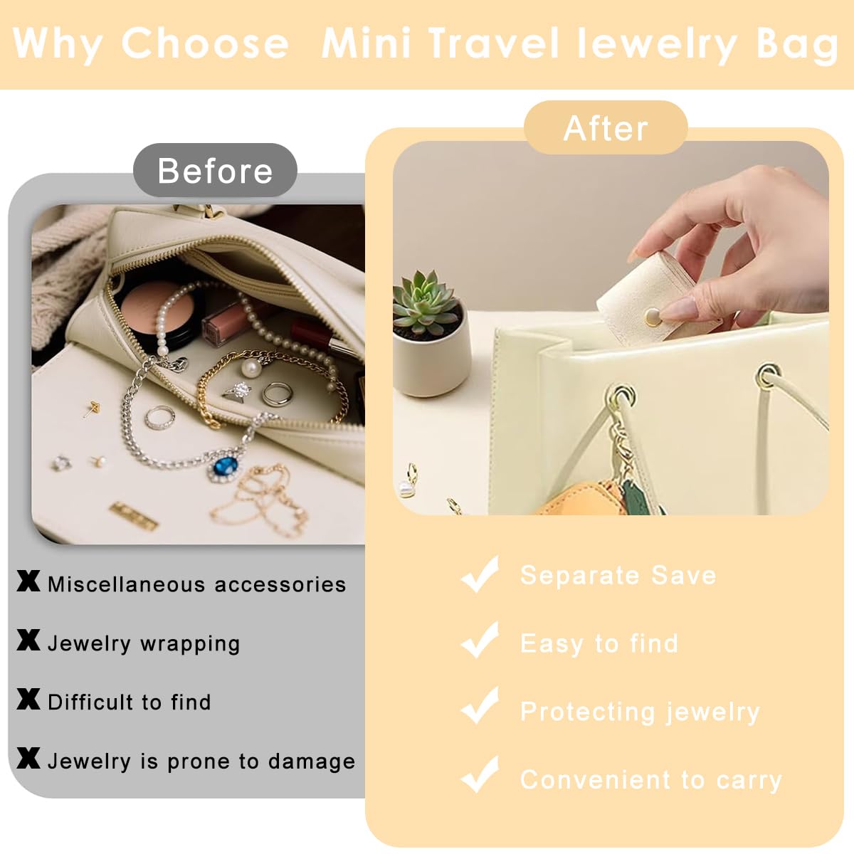 MAYCREATE Jewelry Organizer Pouch for Travel with 4 Compartments and Snap Closure | Beige PU Case