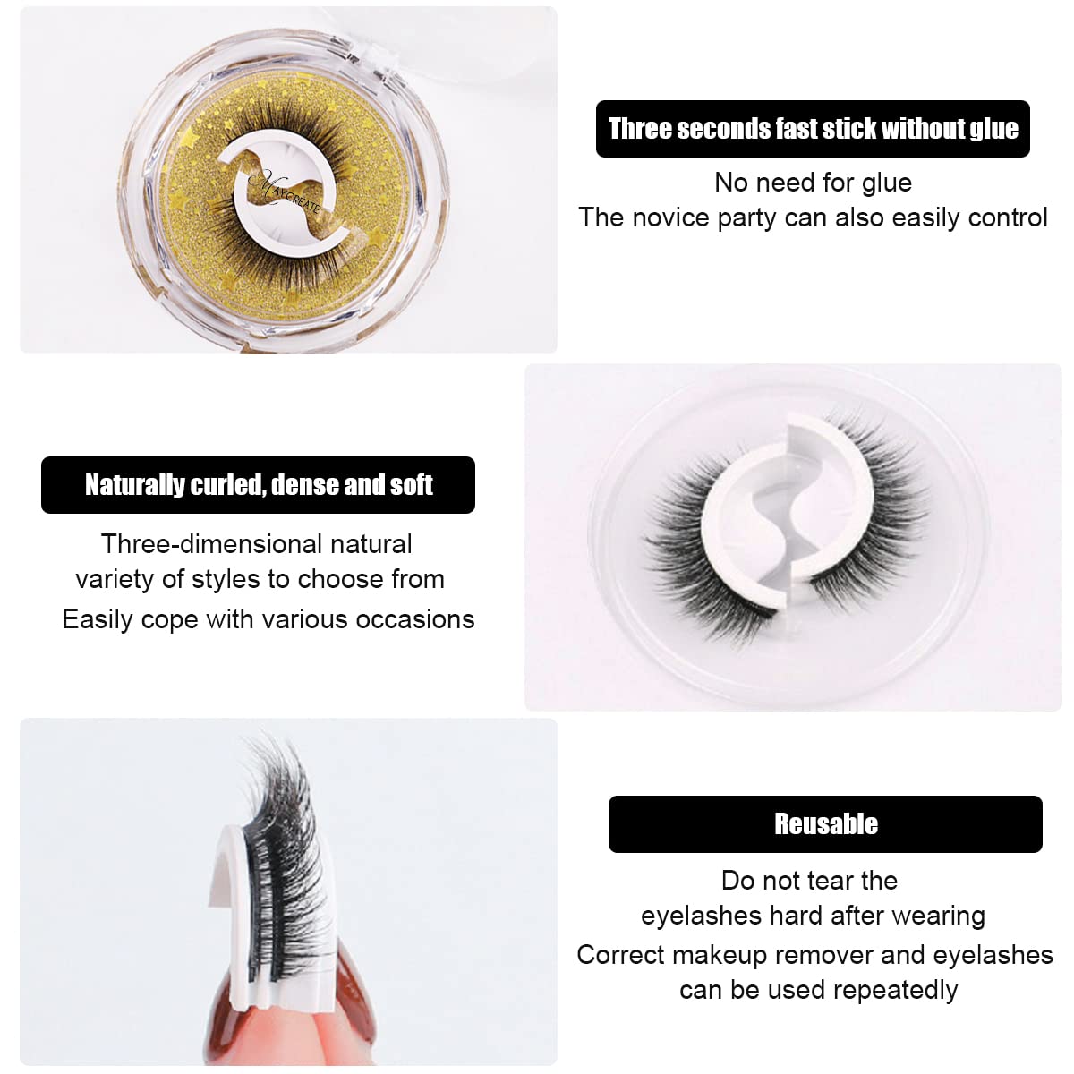 MAYCREATE 2 Pairs Reusable 3D False Eyelashes Long Natural Look Self-Adhesive Eyelashes Magnetic and Waterproof Fake Eyelashes For Girls Women (02 Wild) Black