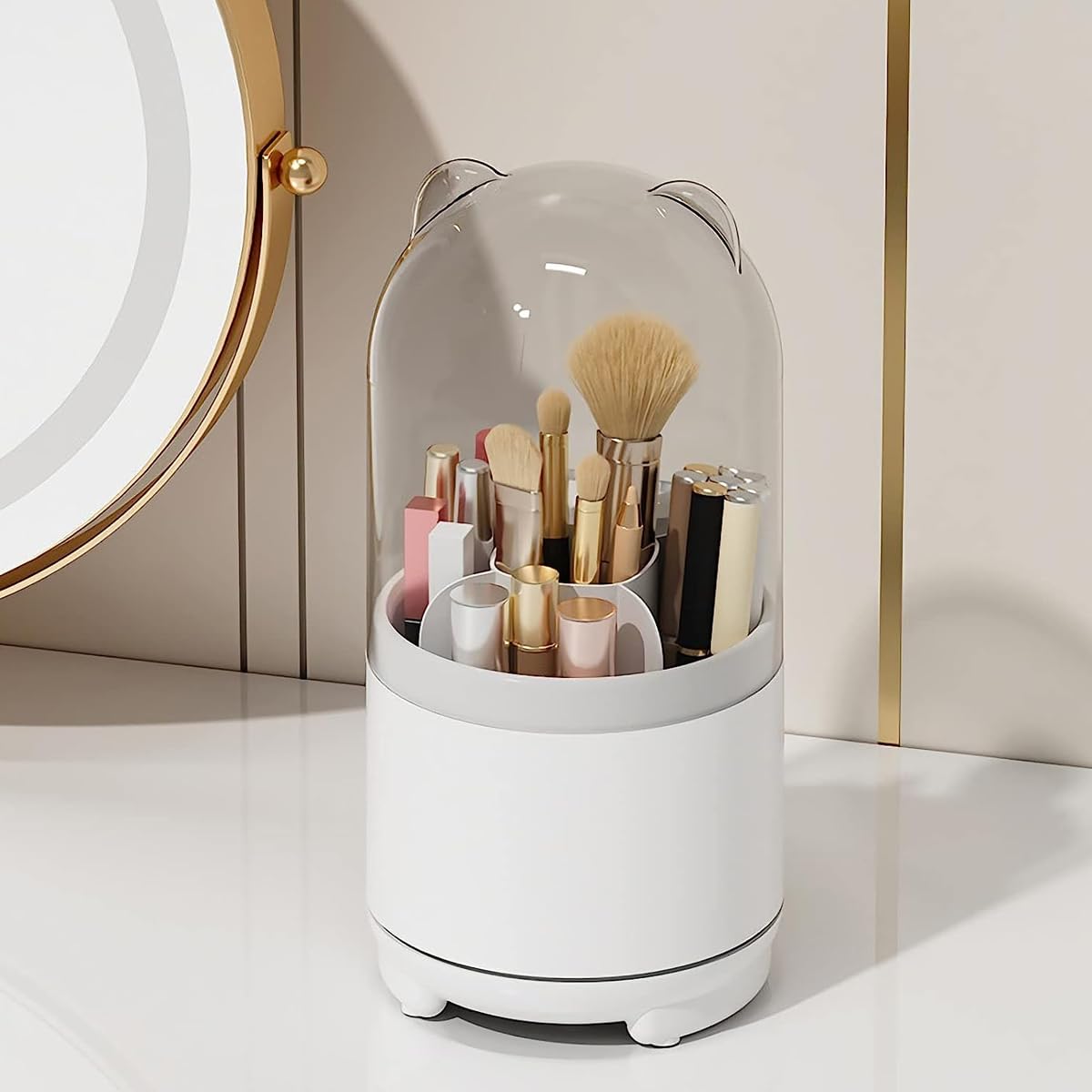 MAYCREATE Makeup Brush Holder Organizer with Clear Lid, 360° Rotatable 5-Slots Make Up Brushes Storage Container Dustproof Stand for Vanity Desktop Bathroom