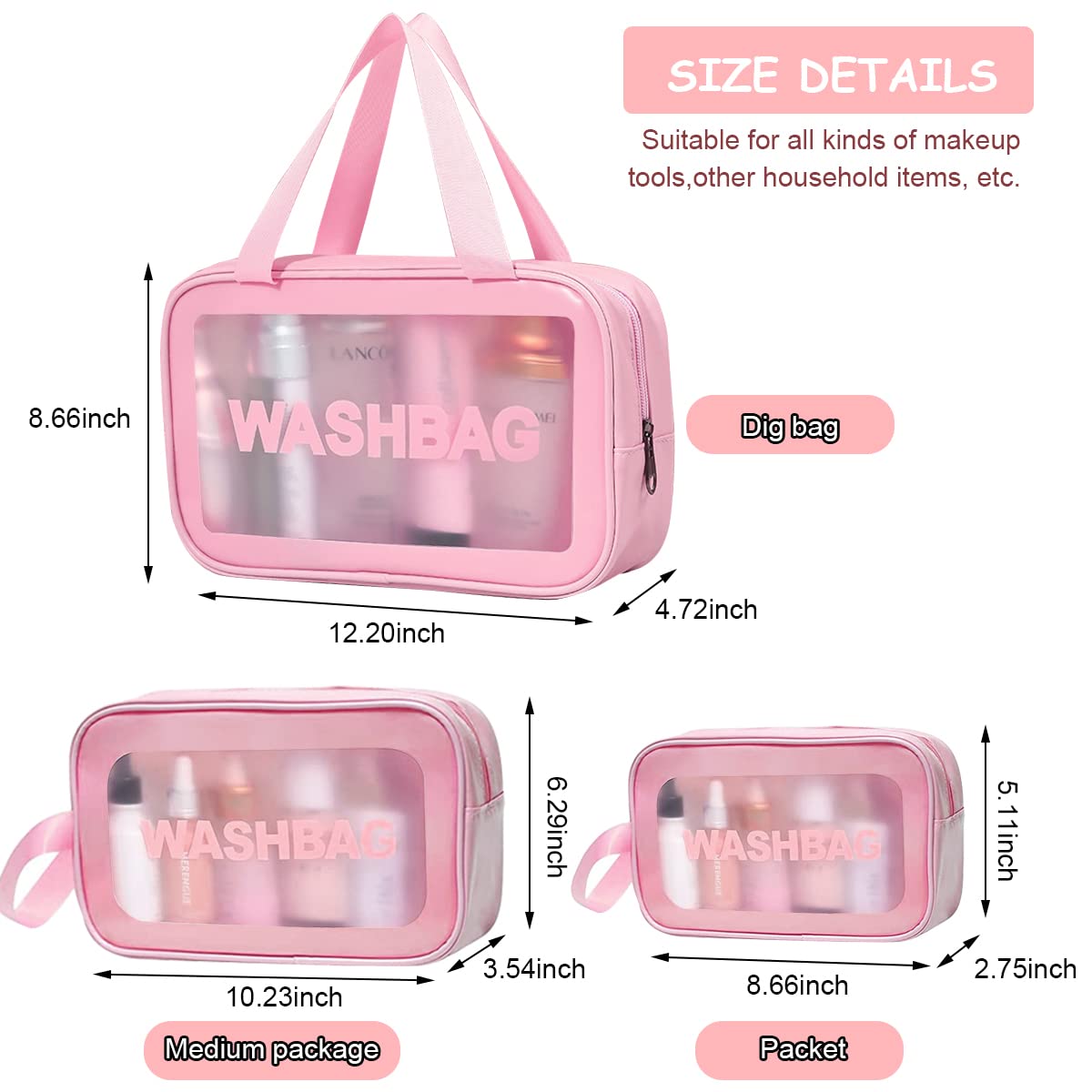 MAYCREATE 3 Pcs Clear Makeup Pouch Set Cosmetic Organizer Bag for Women and Girls Travel Waterproof Toiletry Storage Kit for Home Travel Use (Pink)