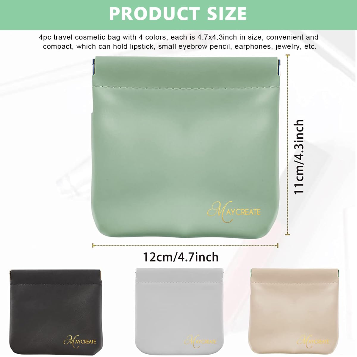 MAYCREATE Pocket Cosmetic Bag Set for Travel and Daily Use featuring Self Closing Design | 4pcs 4.7x4.3in Waterproof PU Pouches for Women