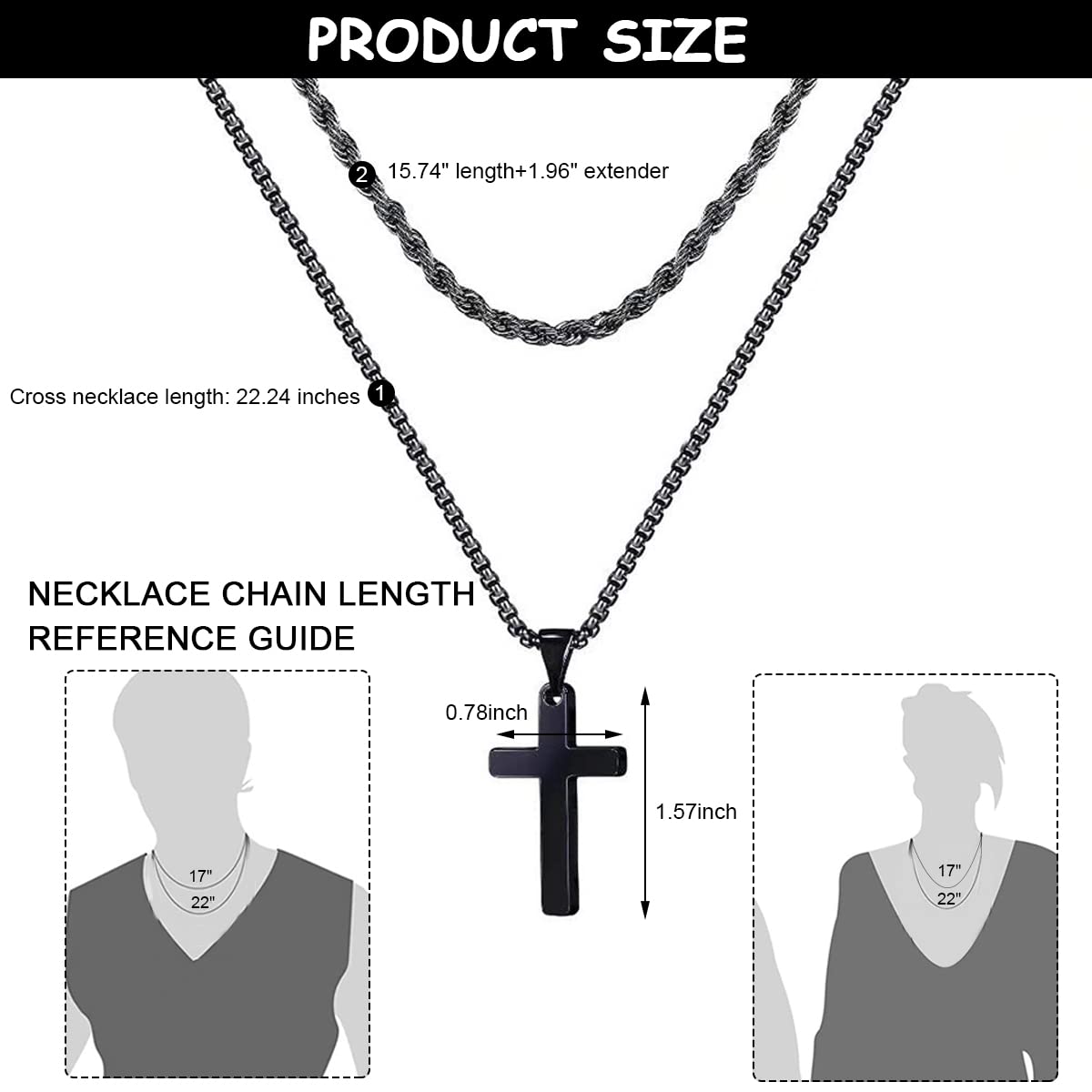 MAYCREATE Black 2 Pcs Double Layered Electroplated Titanium Classic Cross Pendant Steel Chain Necklace Set with Flannel Bag for Men & Women