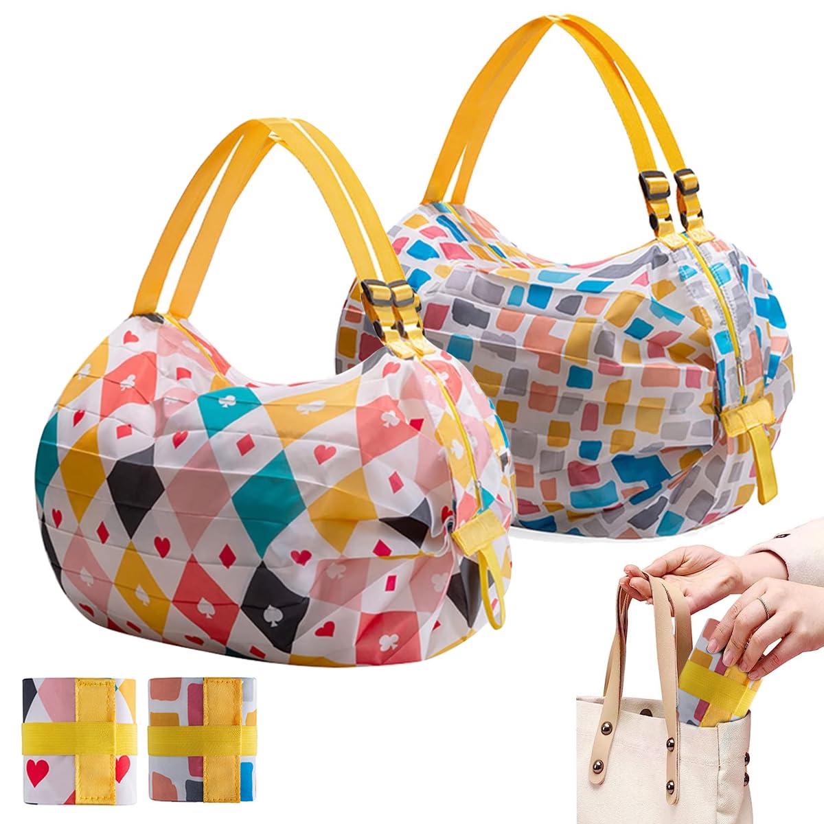 MAYCREATE 2pcs Shopping Bag for Grocery, Folding Supermarket Shopping Bag with Zipper, Reusable Grocery Bags with Handles Washable Shopping Bags Waterproof Shopping Tote Bag, Style B