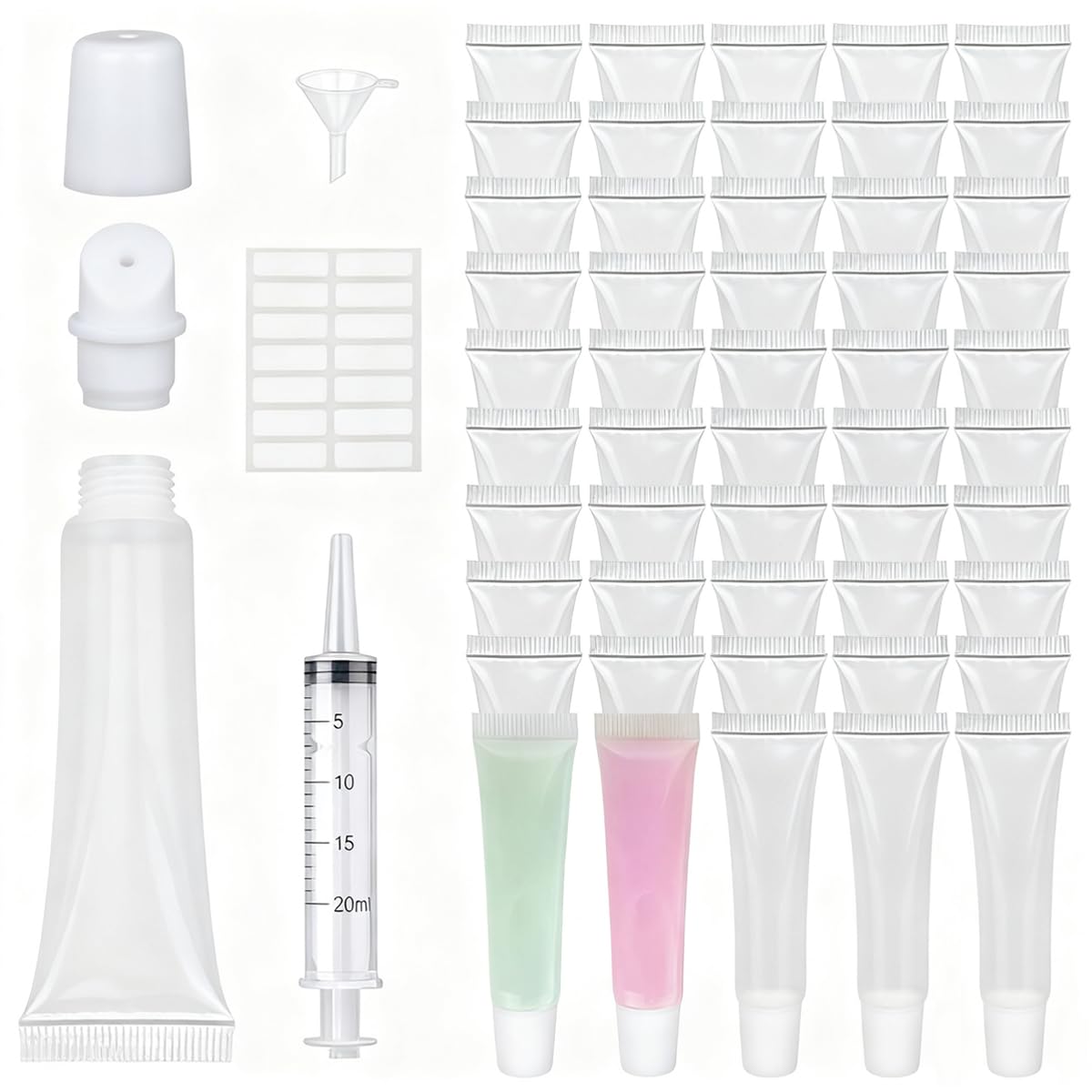 MAYCREATE Lip Gloss Tubes Set for DIY Cosmetics with 50 10ml Containers & Syringe | Clear Plastic Squeeze Design