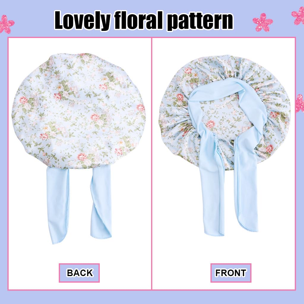 MAYCREATE 2pcs Kids Silk Bonnet for Hair, Baby Cap Floral Print Satin Hair Bonnet, Elastic Band Soft Silk Hair Cap for Sleeping, Night Hat Shower Cap for Toddlers Child Baby 2-8 Years Old Gift