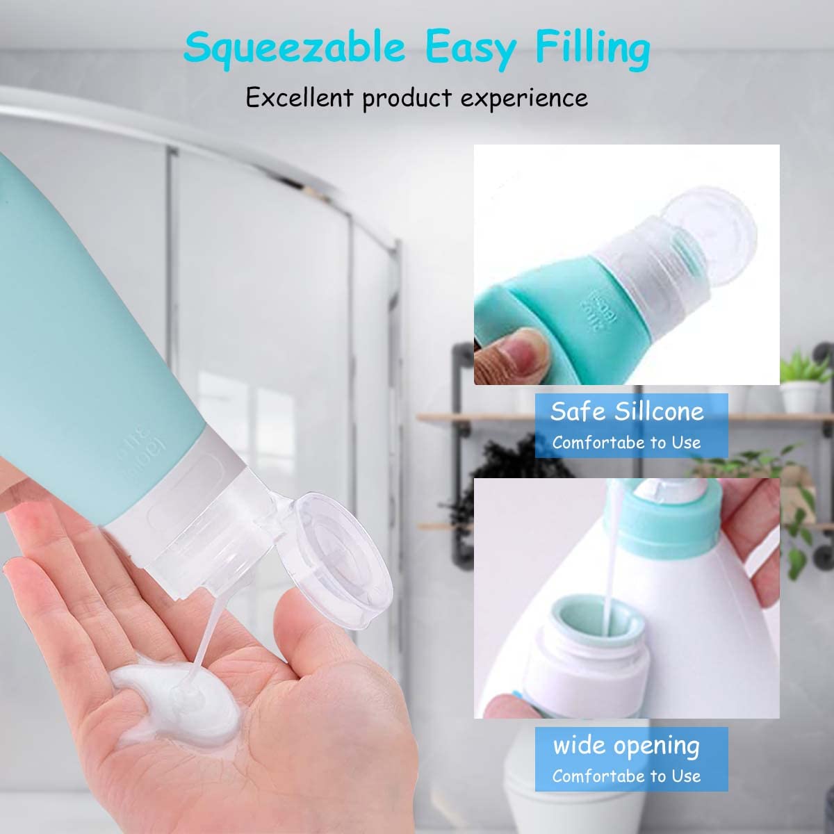 MAYCREATE Travel 3Pcs Bottles for Toiletries, Squeezable Soft Silicone Toiletries Bottles Containers Leak Proof Refillable Dispenser with Face Brush Design (90ML White Blue Pink)